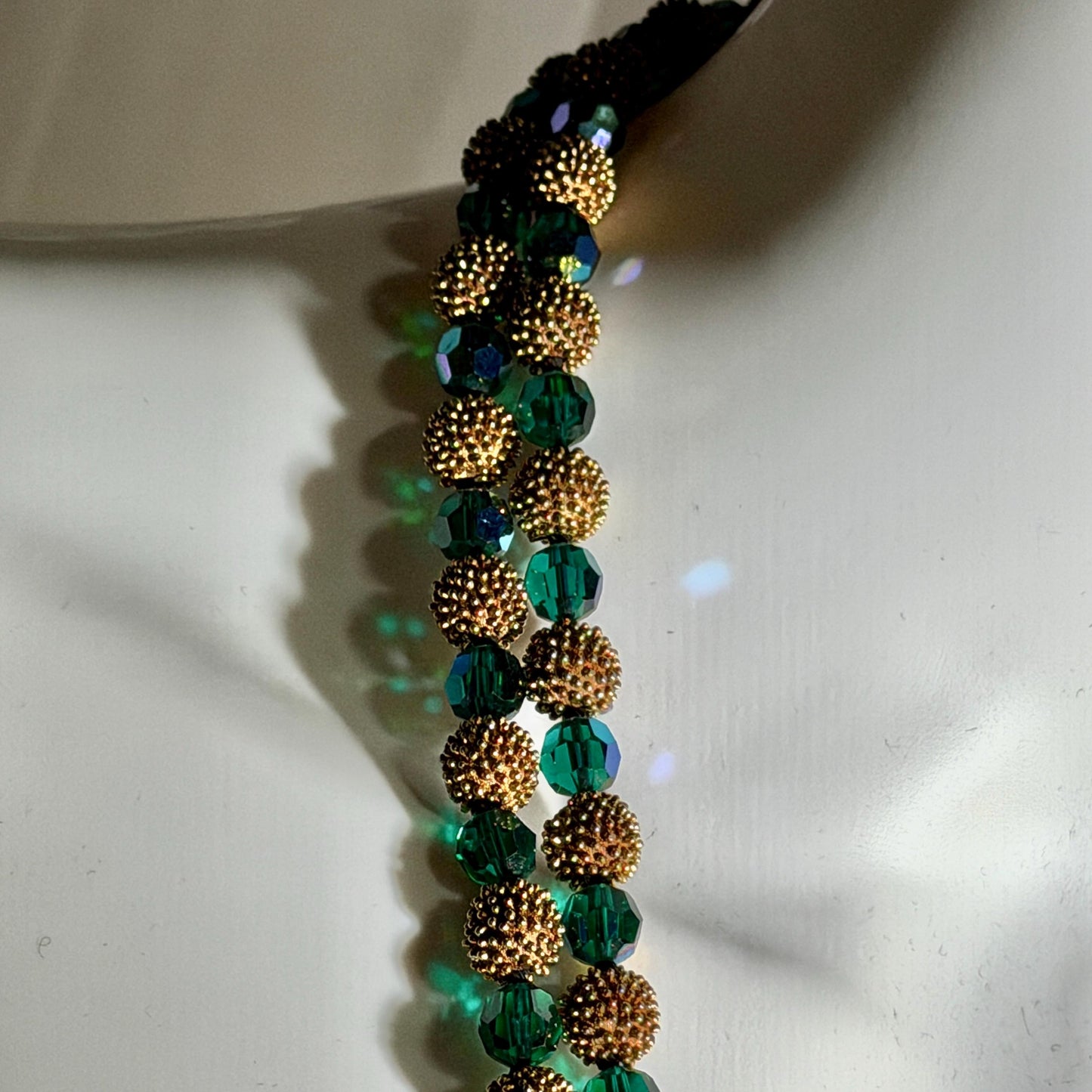 1950s vintage necklace, Faceted Iridescent Green Glass with Gold Metal Beads 2 Strand necklace
