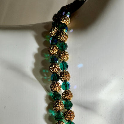 1950s vintage necklace, Faceted Iridescent Green Glass with Gold Metal Beads 2 Strand necklace