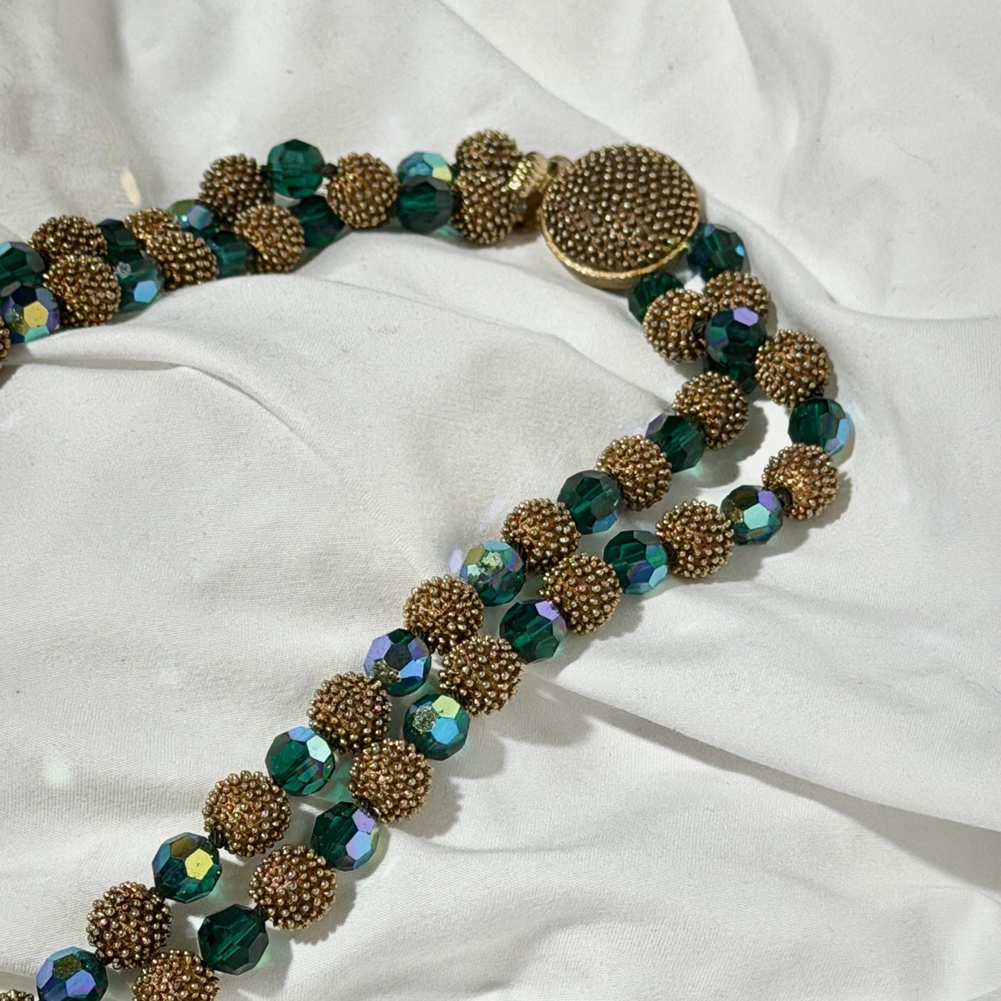 1950s vintage necklace, Faceted Iridescent Green Glass with Gold Metal Beads 2 Strand necklace