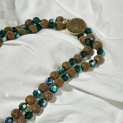 1950s vintage necklace, Faceted Iridescent Green Glass with Gold Metal Beads 2 Strand necklace