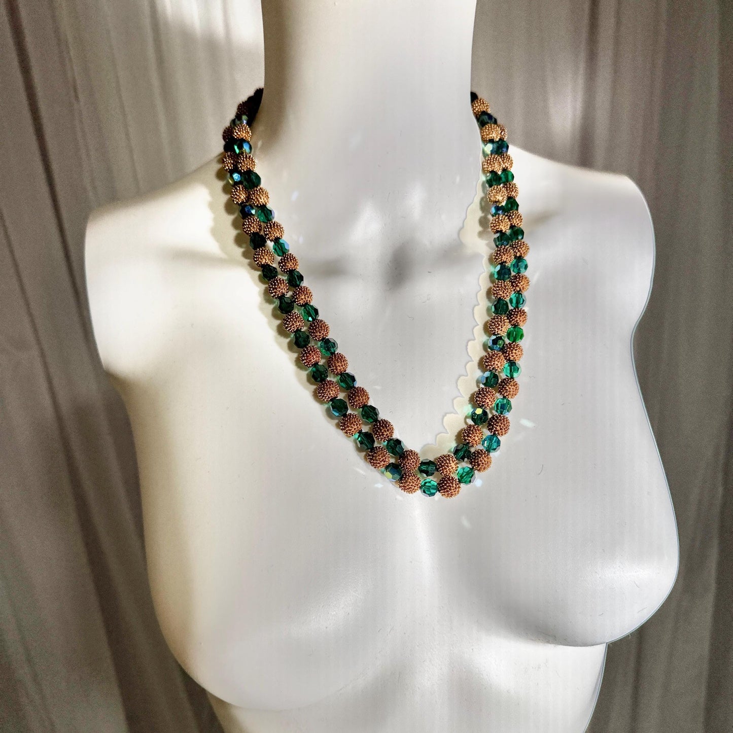 1950s vintage necklace, Faceted Iridescent Green Glass with Gold Metal Beads 2 Strand necklace