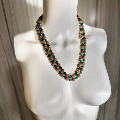 1950s vintage necklace, Faceted Iridescent Green Glass with Gold Metal Beads 2 Strand necklace