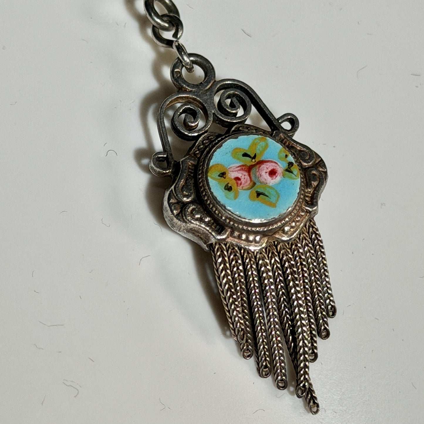 1930s Vintage Chatelaine necklace, Silver with painted roses, double sided pendant, fringe and filigree