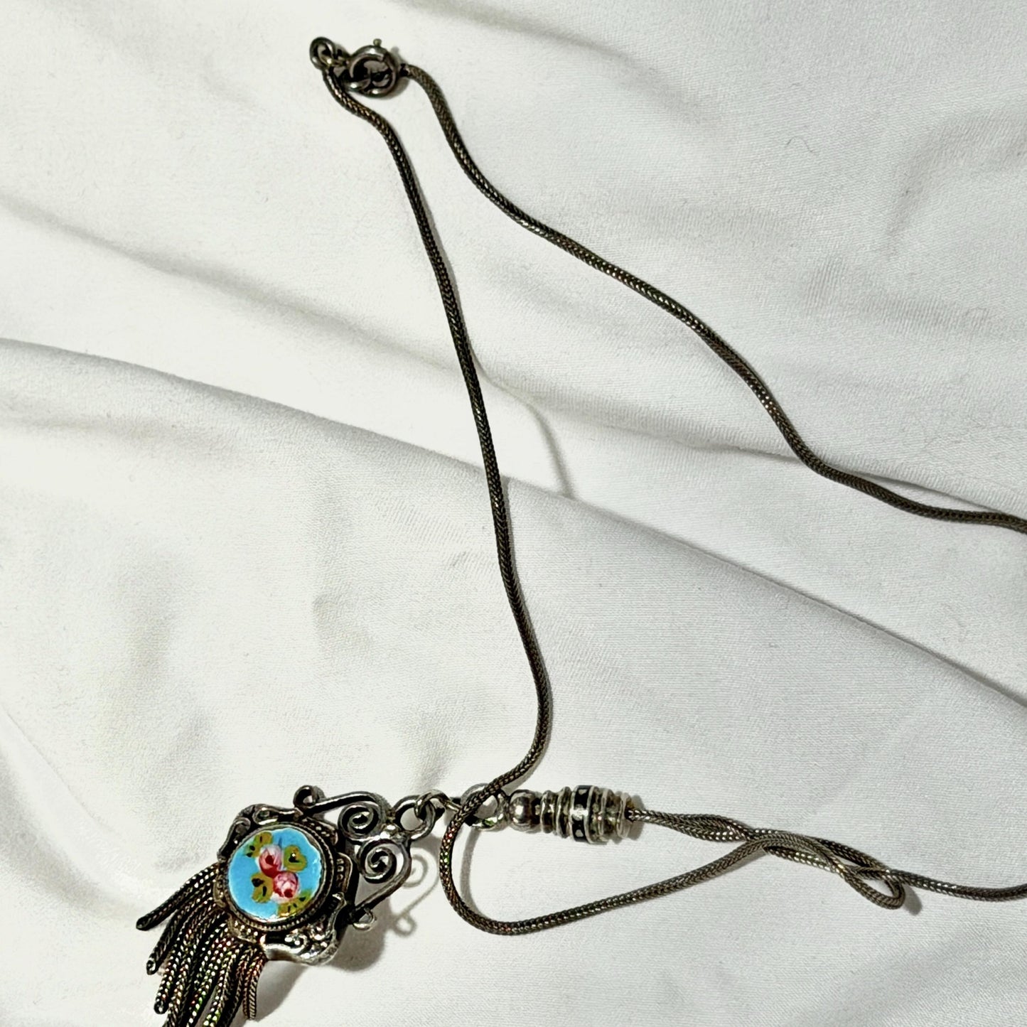 1930s Vintage Chatelaine necklace, Silver with painted roses, double sided pendant, fringe and filigree