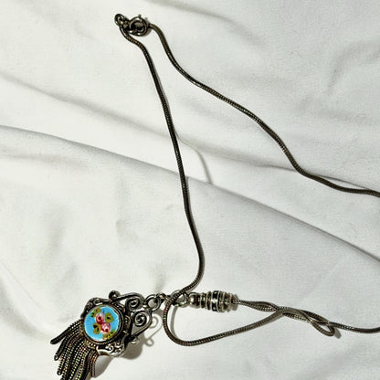 1930s Vintage Chatelaine necklace, Silver with painted roses, double sided pendant, fringe and filigree