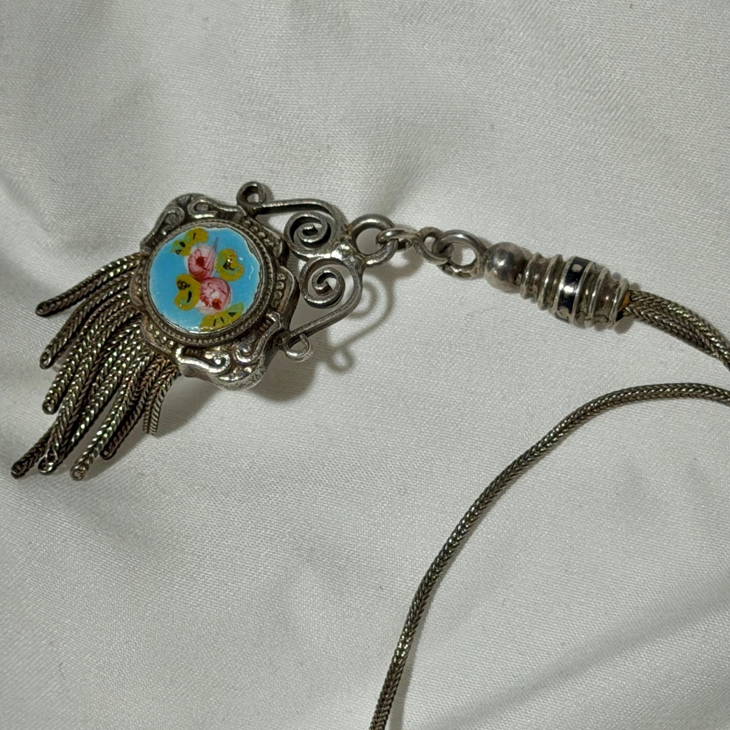 1930s Vintage Chatelaine necklace, Silver with painted roses, double sided pendant, fringe and filigree