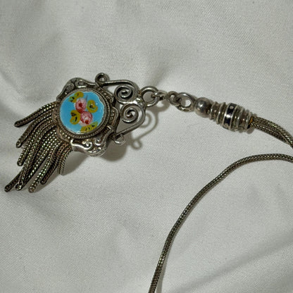 1930s Vintage Chatelaine necklace, Silver with painted roses, double sided pendant, fringe and filigree