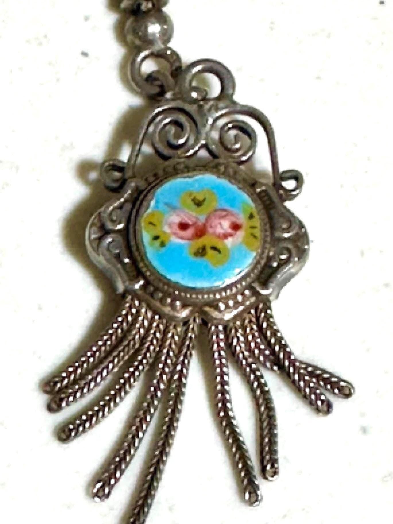 Antique Vintage French enamel necklace, Silver with painted roses, double sided pendant, fringe and filigree