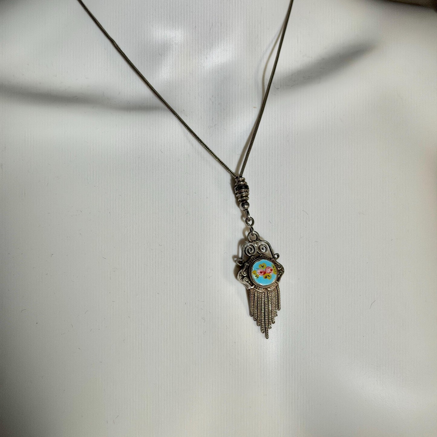 1930s Vintage Chatelaine necklace, Silver with painted roses, double sided pendant, fringe and filigree