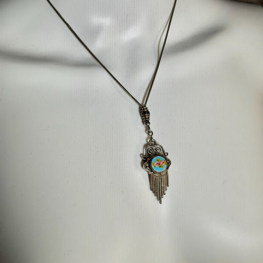 1930s Vintage Chatelaine necklace, Silver with painted roses, double sided pendant, fringe and filigree