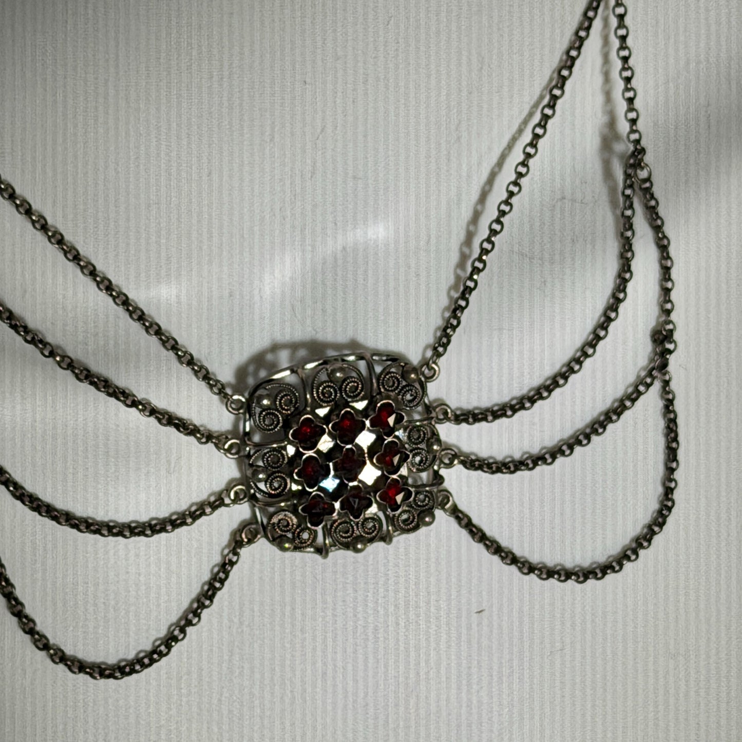 1900s Antique Vintage Bohemian Garnet Necklace, Silver Filigree Festooned Spider Web draped necklace