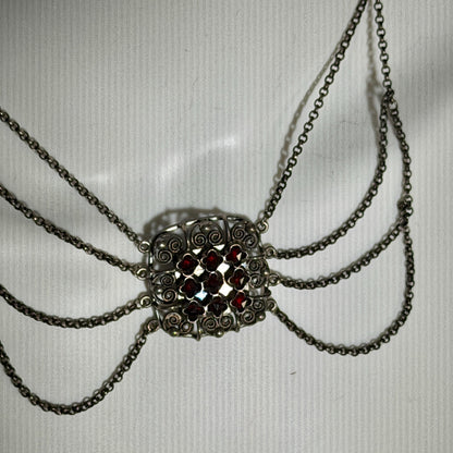 1900s Antique Vintage Bohemian Garnet Necklace, Silver Filigree Festooned Spider Web draped necklace