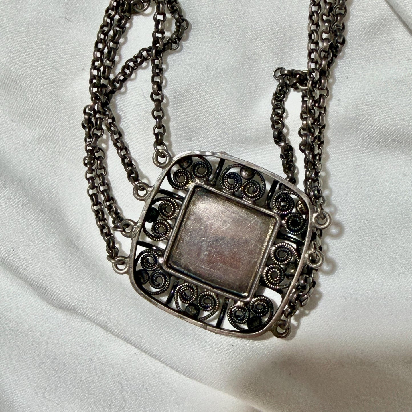 1900s Antique Vintage Bohemian Garnet Necklace, Silver Filigree Festooned Spider Web draped necklace