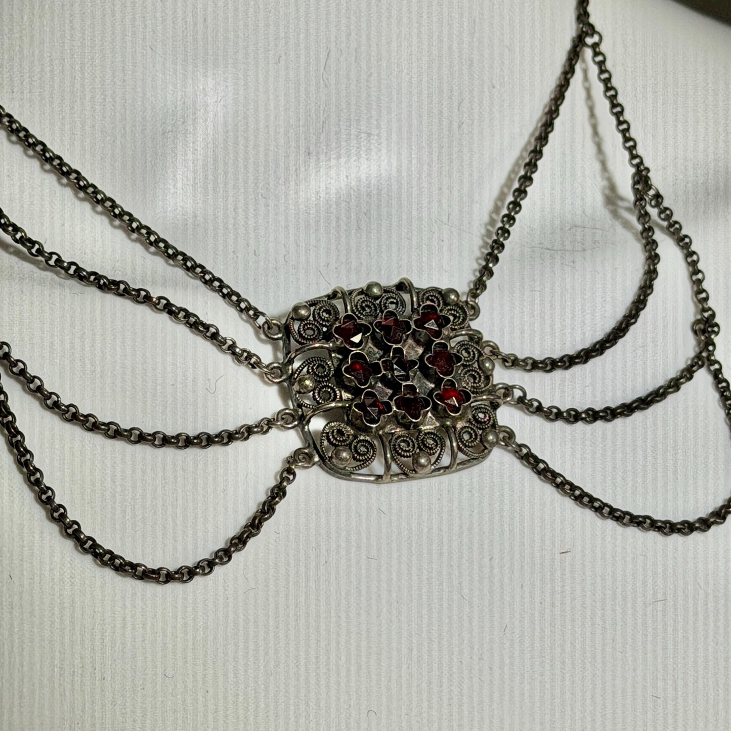 1900s Antique Vintage Bohemian Garnet Necklace, Silver Filigree Festooned Spider Web draped necklace