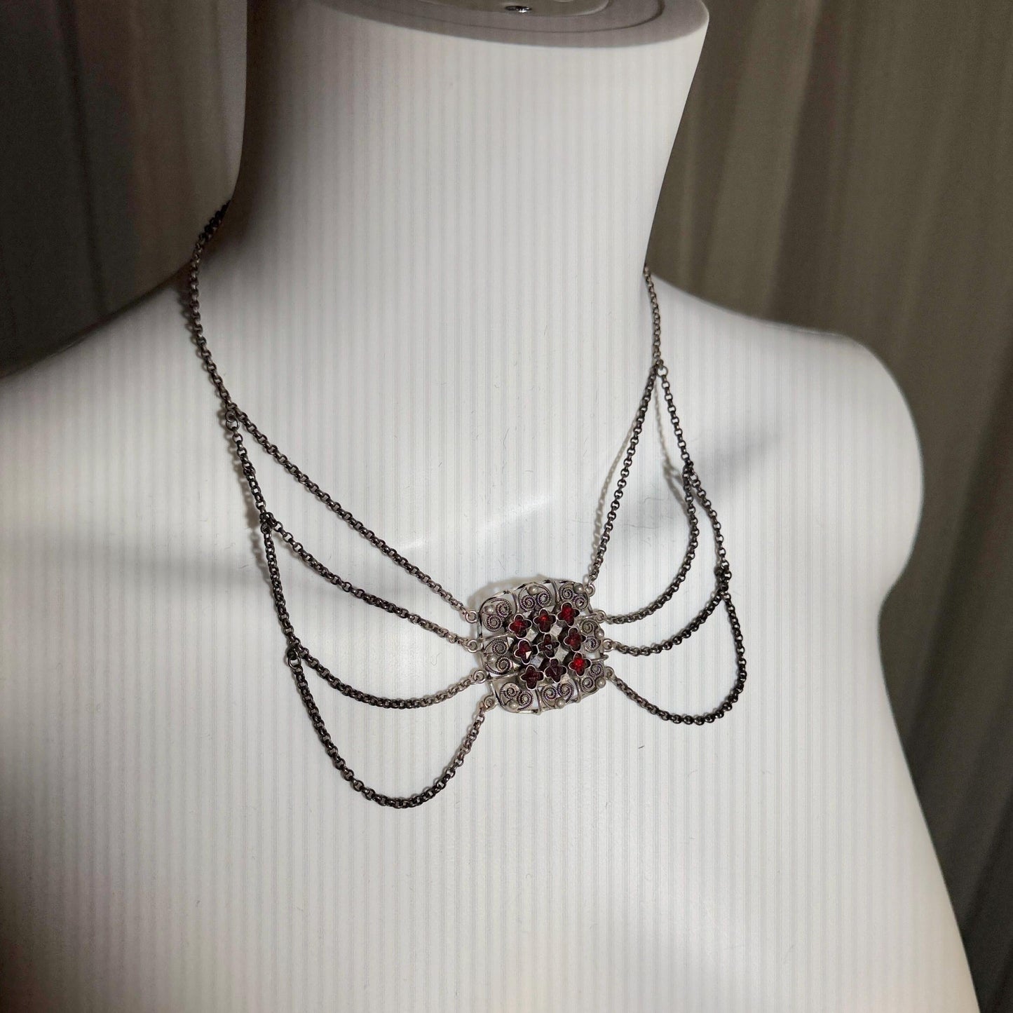 1900s Antique Vintage Bohemian Garnet Necklace, Silver Filigree Festooned Spider Web draped necklace
