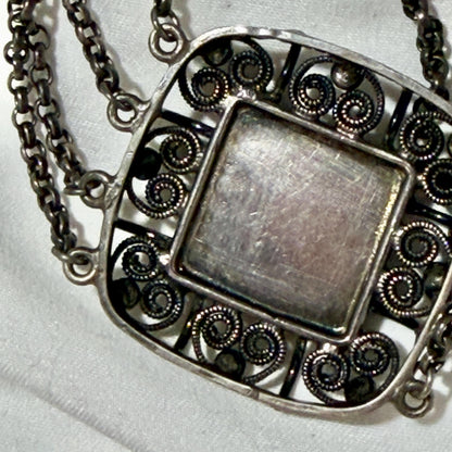 1900s Antique Vintage Bohemian Garnet Necklace, Silver Filigree Festooned Spider Web draped necklace