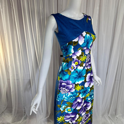 1960s vintage Hawaiian Cotton Dress. Blue Purple Hibiscus luau maxi dress