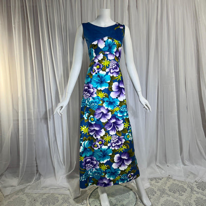 1960s vintage Hawaiian Cotton Dress. Blue Purple Hibiscus luau maxi dress