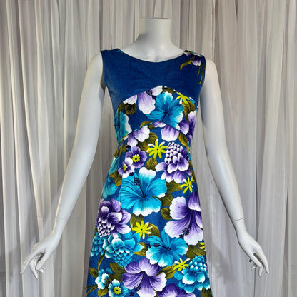 1960s vintage Hawaiian Cotton Dress. Blue Purple Hibiscus luau maxi dress
