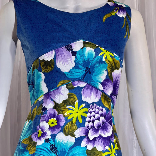 1960s vintage Hawaiian Cotton Dress. Blue Purple Hibiscus luau maxi dress
