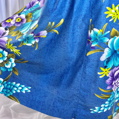 1960s vintage Hawaiian Cotton Dress. Blue Purple Hibiscus luau maxi dress