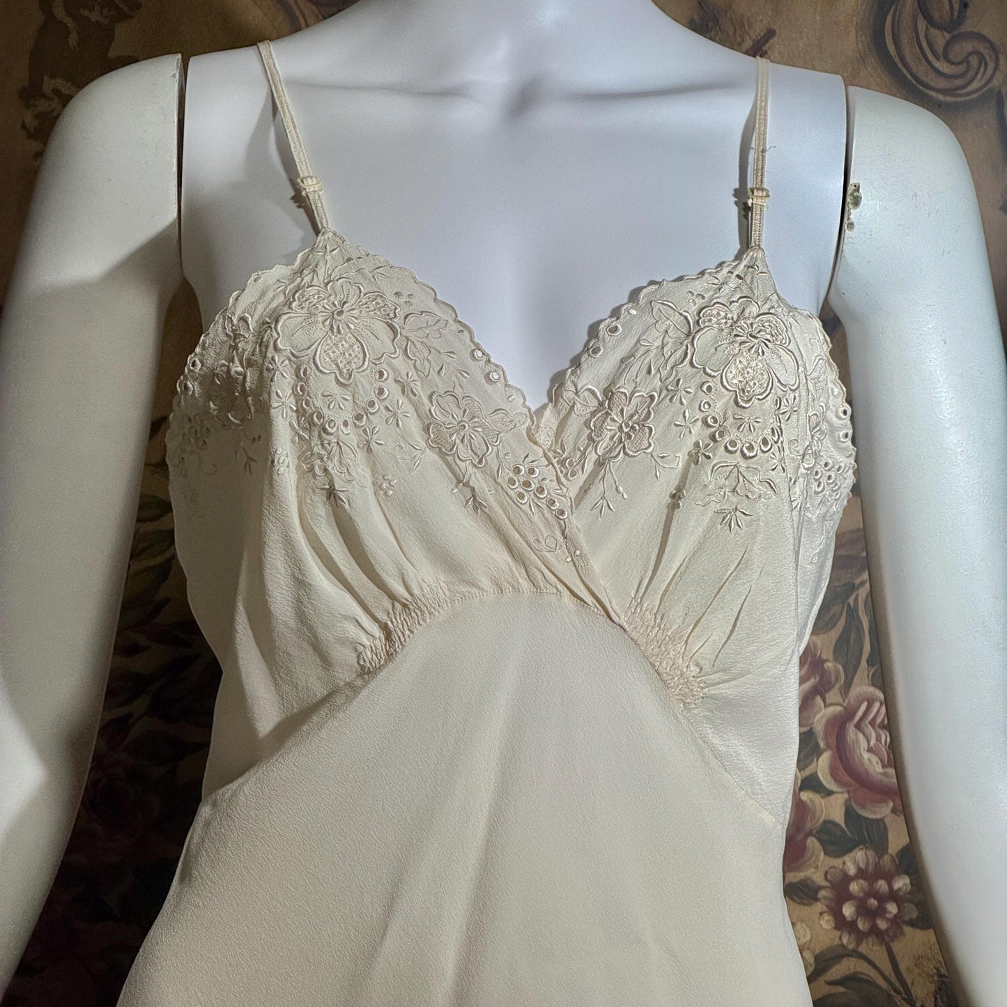 PEONY vintage 1950s Silk Slip Dress, SHANGHAI Embroidered Off White Ecru Lingerie dress