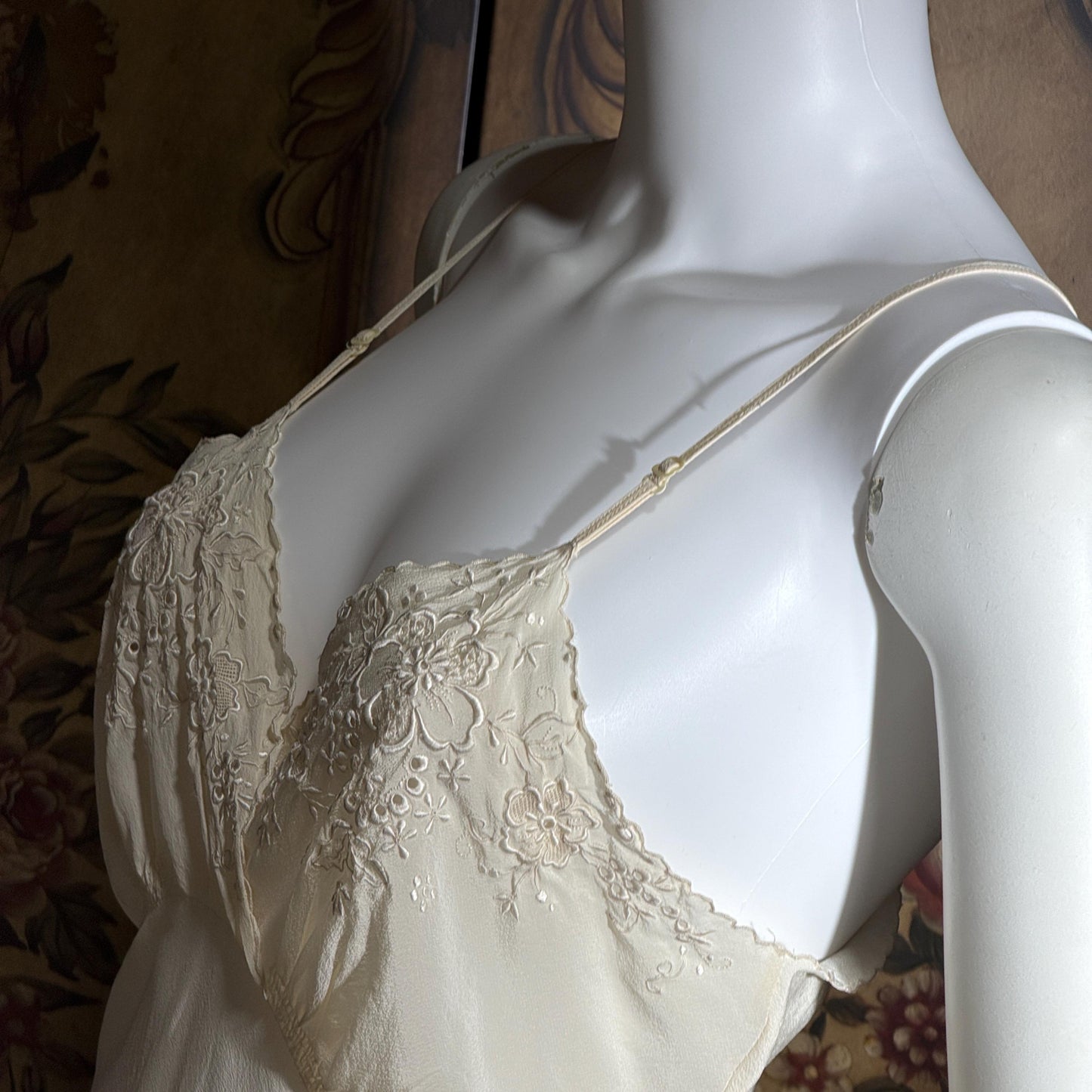 PEONY vintage 1950s Silk Slip Dress, SHANGHAI Embroidered Off White Ecru Lingerie dress
