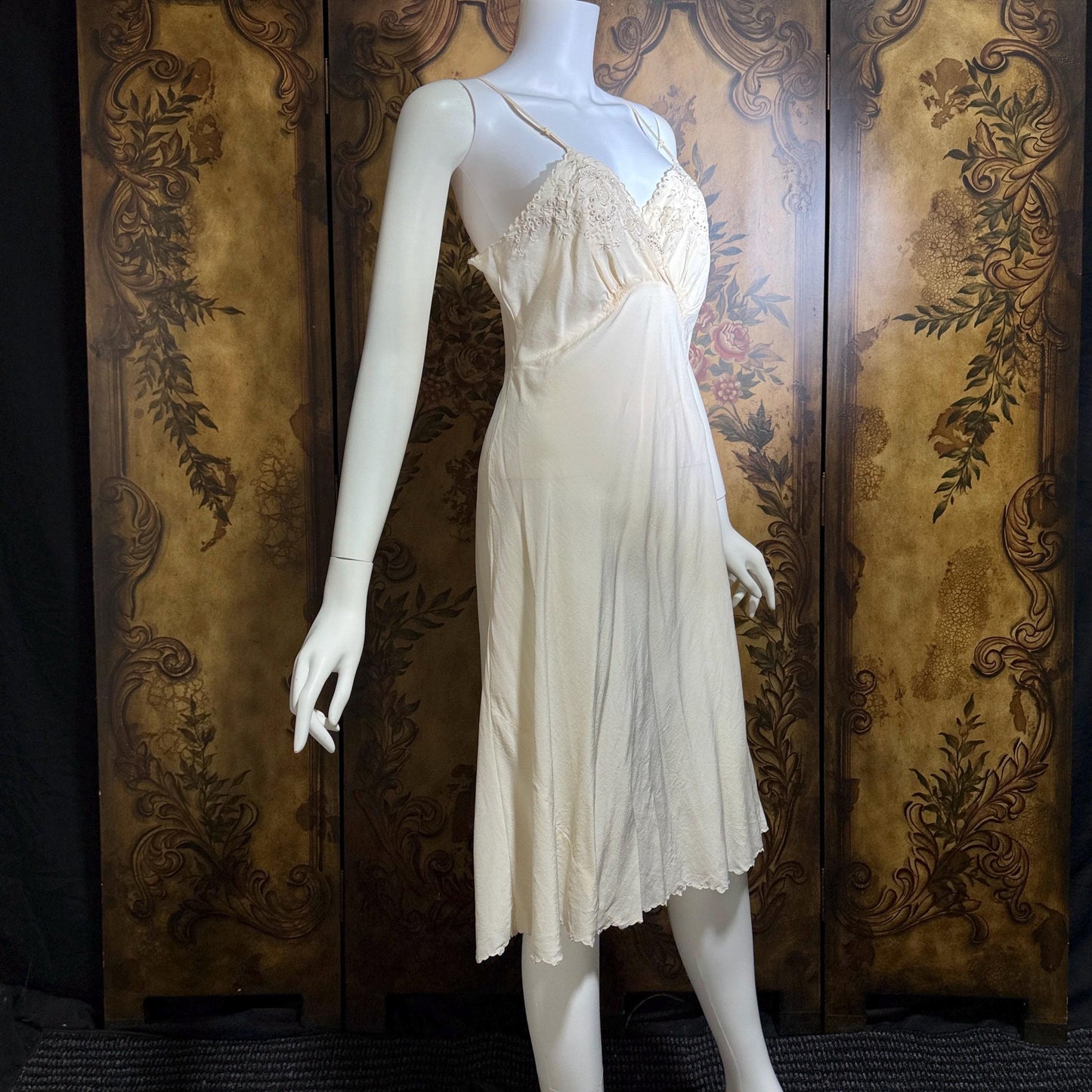 PEONY vintage 1950s Silk Slip Dress, SHANGHAI Embroidered Off White Ecru Lingerie dress