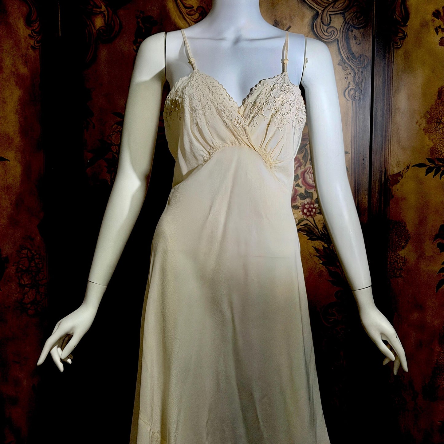 PEONY vintage 1950s Silk Slip Dress, SHANGHAI Embroidered Off White Ecru Lingerie dress