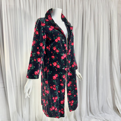 TOWN & COUNTRY vintage 1960s evening coat, black velvet rose print midi coat