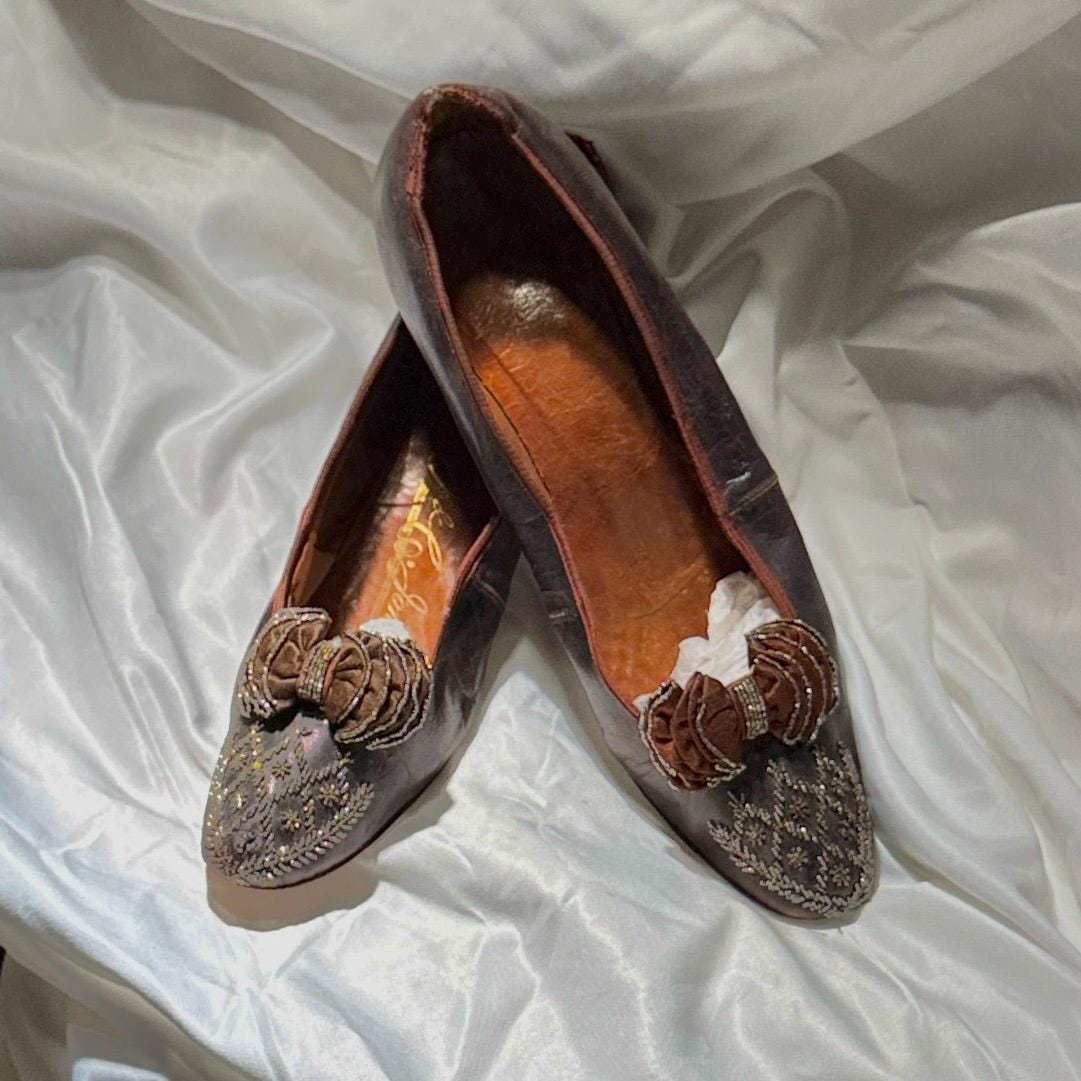 1800s Victorian Evening Slippers Shoes, J & Co JOHNSTON antique brown kidskin leather steel cut beads
