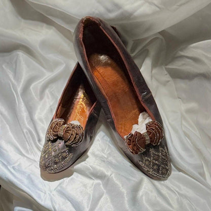 1800s Victorian Evening Slippers Shoes, J & Co JOHNSTON antique brown kidskin leather steel cut beads