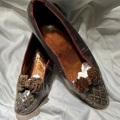 1800s Victorian Evening Slippers Shoes, J & Co JOHNSTON antique brown kidskin leather steel cut beads