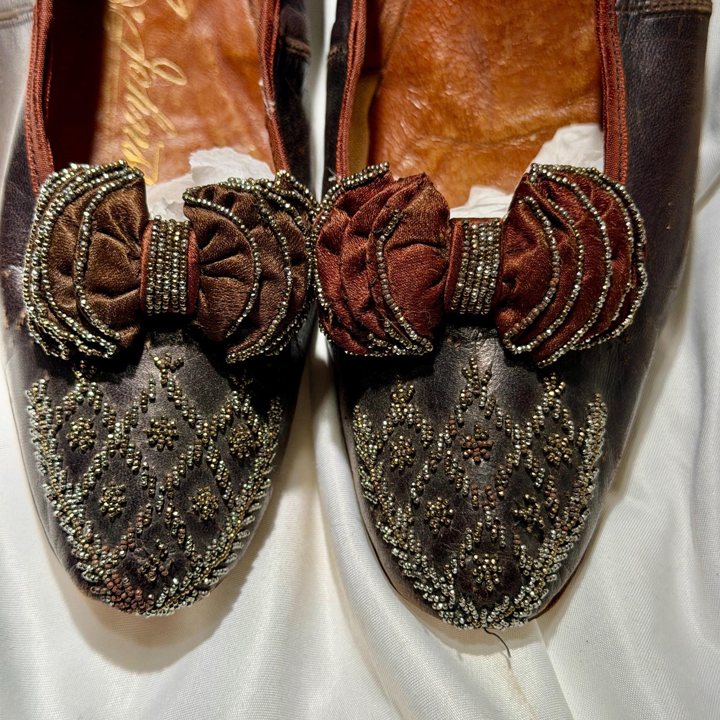 1800s Victorian Evening Slippers Shoes, J & Co JOHNSTON antique brown kidskin leather steel cut beads