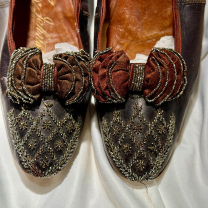 1800s Victorian Evening Slippers Shoes, J & Co JOHNSTON antique brown kidskin leather steel cut beads