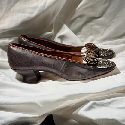 1800s Victorian Evening Slippers Shoes, J & Co JOHNSTON antique brown kidskin leather steel cut beads