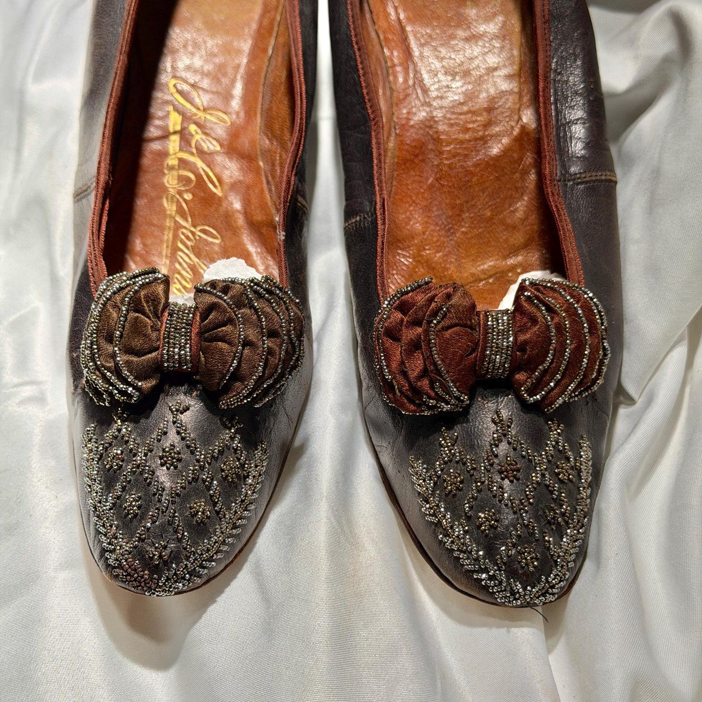 1800s Victorian Evening Slippers Shoes, J & Co JOHNSTON antique brown kidskin leather steel cut beads