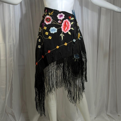 1960s Vintage Spanish Shawl, Black Embroidered Roses Fringe wrap, Piano shawl, 38 inches
