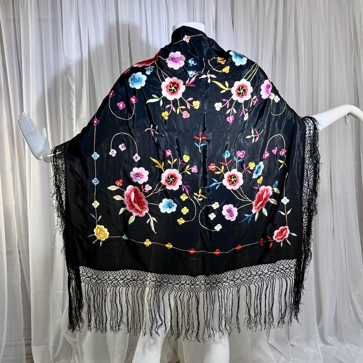 1960s Vintage Spanish Shawl, Black Embroidered Roses Fringe wrap, Piano shawl, 38 inches
