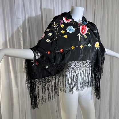 1960s Vintage Spanish Shawl, Black Embroidered Roses Fringe wrap, Piano shawl, 38 inches