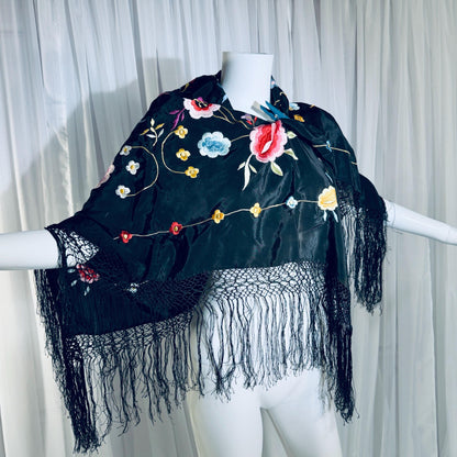 1960s Vintage Spanish Shawl, Black Embroidered Roses Fringe wrap, Piano shawl, 38 inches