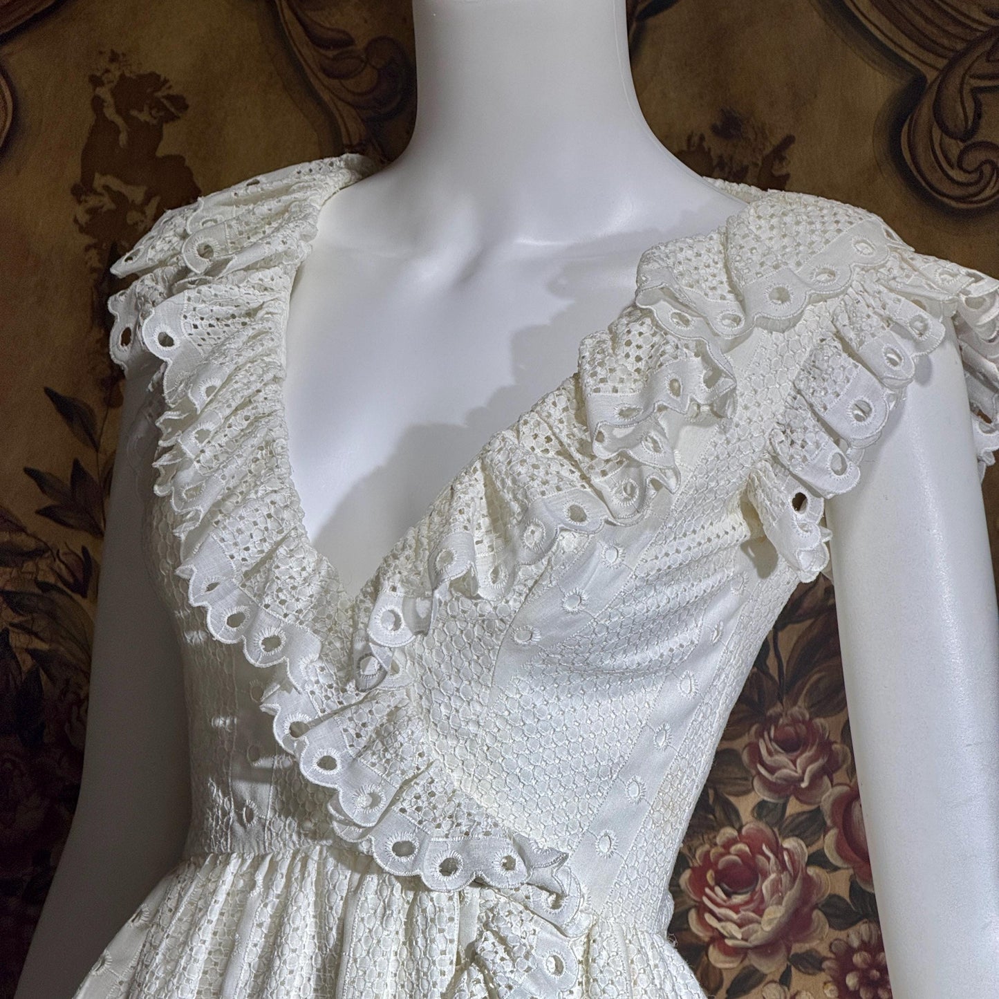 VICTOR COSTA Vintage 1970s dress, White Cotton Eyelet Ruffle Maxi Boho Wedding