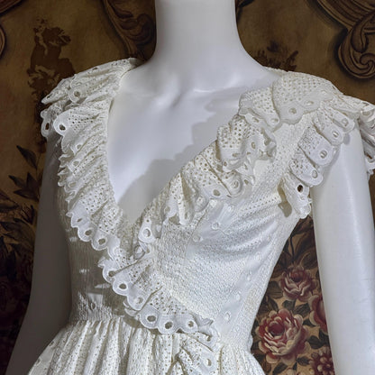 VICTOR COSTA Vintage 1970s dress, White Cotton Eyelet Ruffle Maxi Boho Wedding