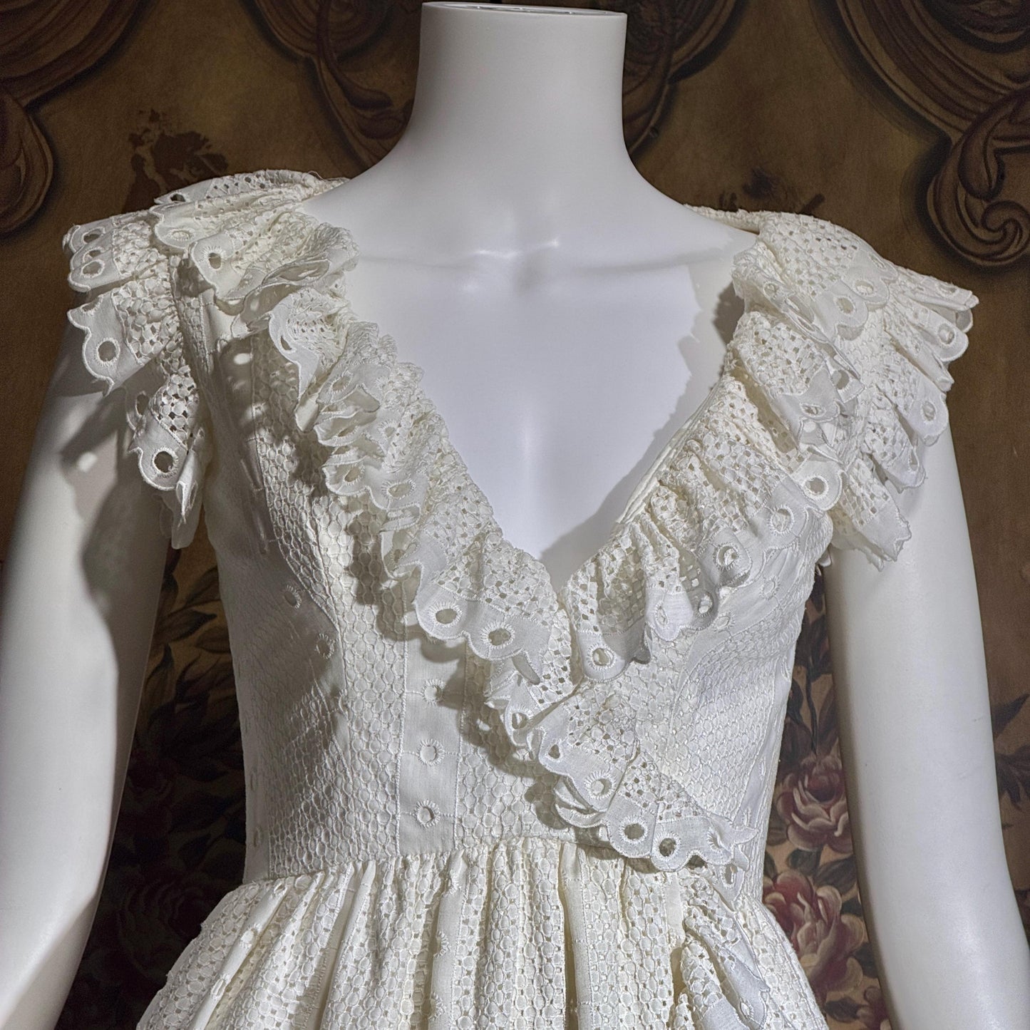 VICTOR COSTA Vintage 1970s dress, White Cotton Eyelet Ruffle Maxi Boho Wedding