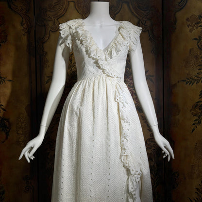 VICTOR COSTA Vintage 1970s dress, White Cotton Eyelet Ruffle Maxi Boho Wedding
