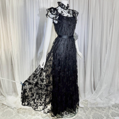 1970s Vintage Black Lace Maxi dress, High neck ruffle evening gown