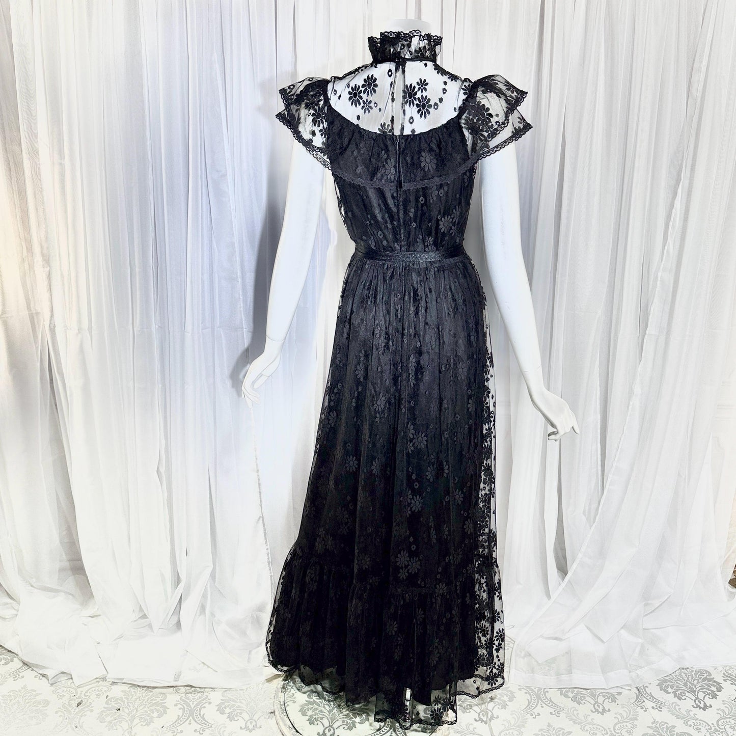 1970s Vintage Black Lace Maxi dress, High neck ruffle evening gown