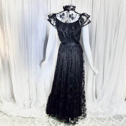 1970s Vintage Black Lace Maxi dress, High neck ruffle evening gown