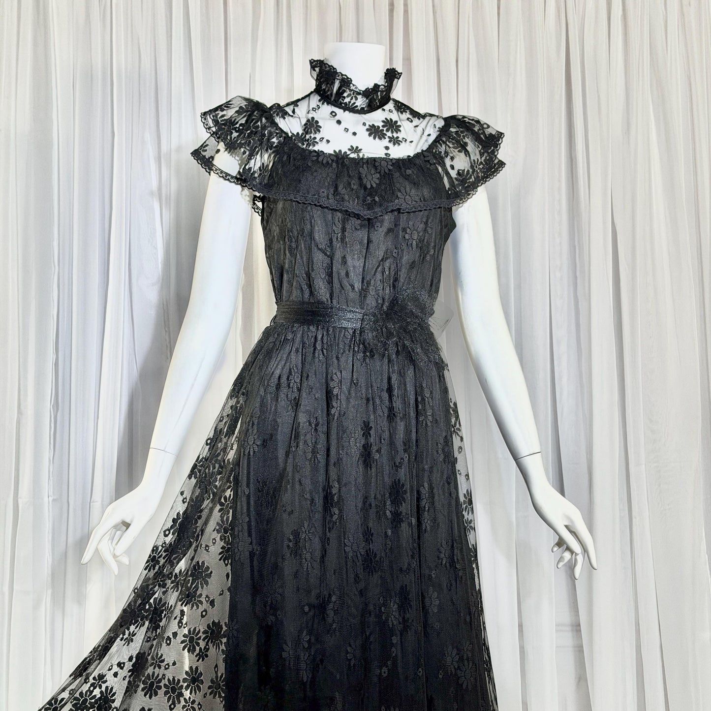 1970s Vintage Black Lace Maxi dress, High neck ruffle evening gown