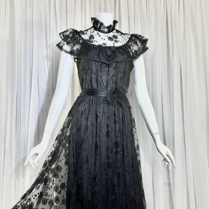 1970s Vintage Black Lace Maxi dress, High neck ruffle evening gown